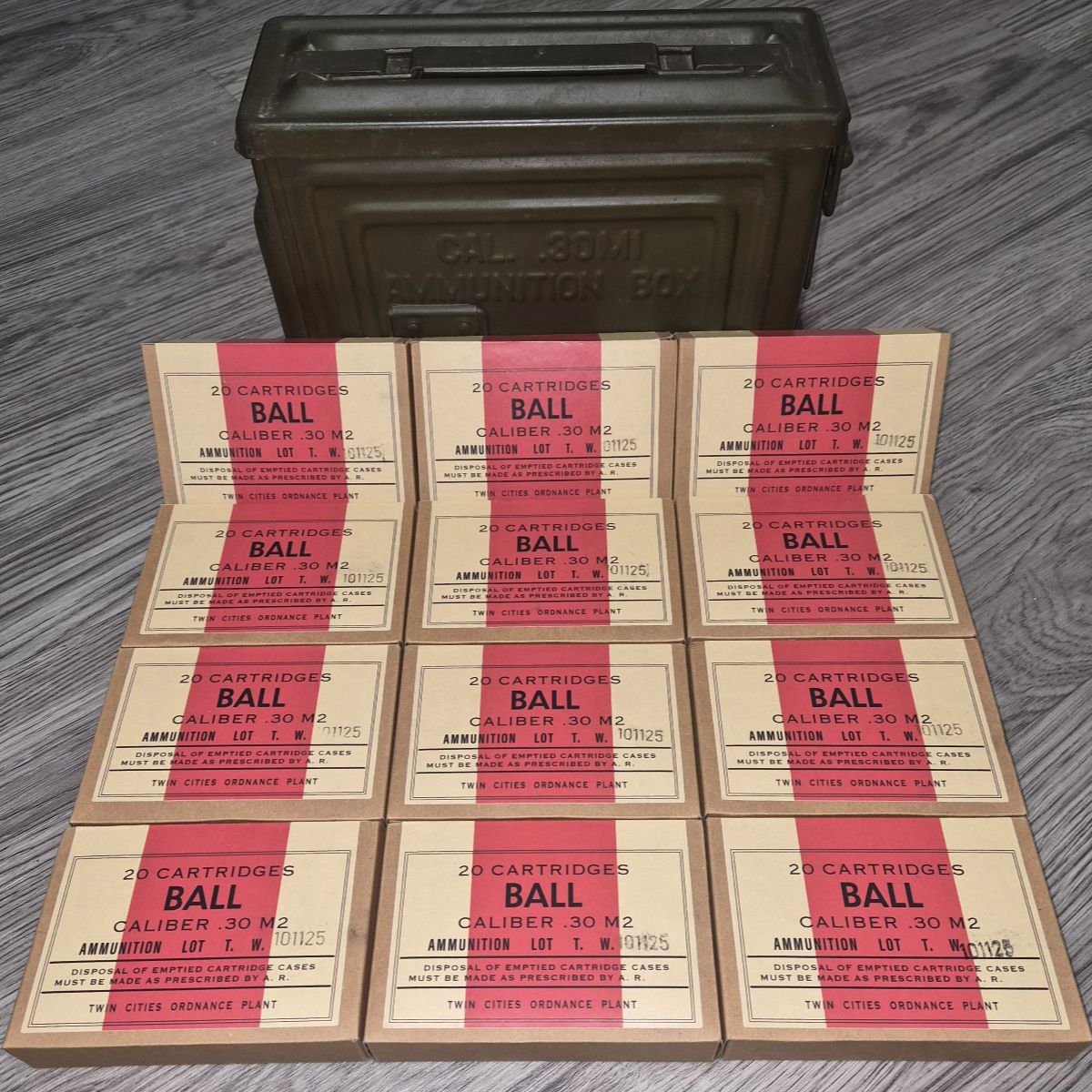 Depot Bulk bundle representing twelve 20-round WWII blank ammunition boxes